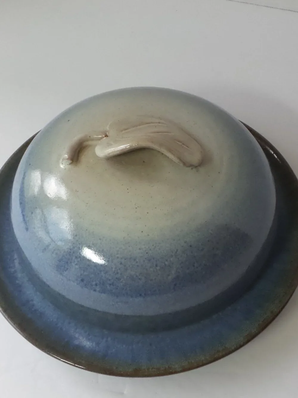 Ceramic Pottery Covered (Butter) Dish in Blue and Cream